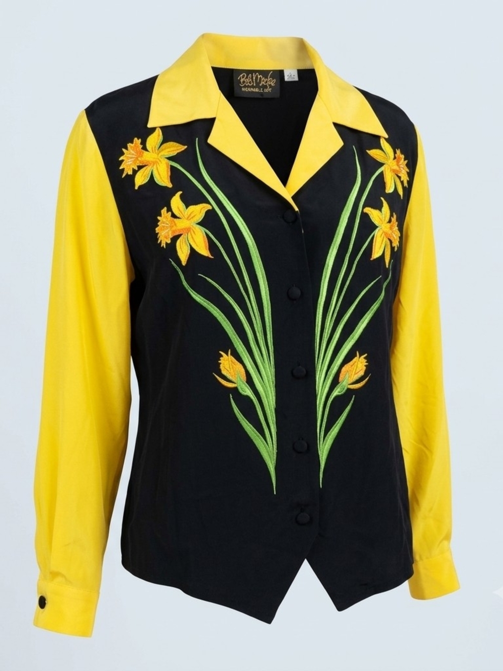Bob Mackie Wearable Art Vintage 100% Silk Daffodil Floral Embroidery Blouse L